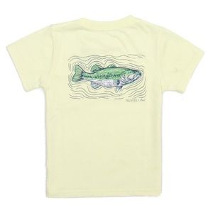 PROPERLY TIED T-SHIRT LOGO POCKET BACK GRAPHIC SPOTTED BASS FISH ON LIGHT YELLOW